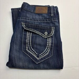 Stylo Men 34x30 Jeans Dark Blue Wash Denim Embroidered Flap Pockets Distressed